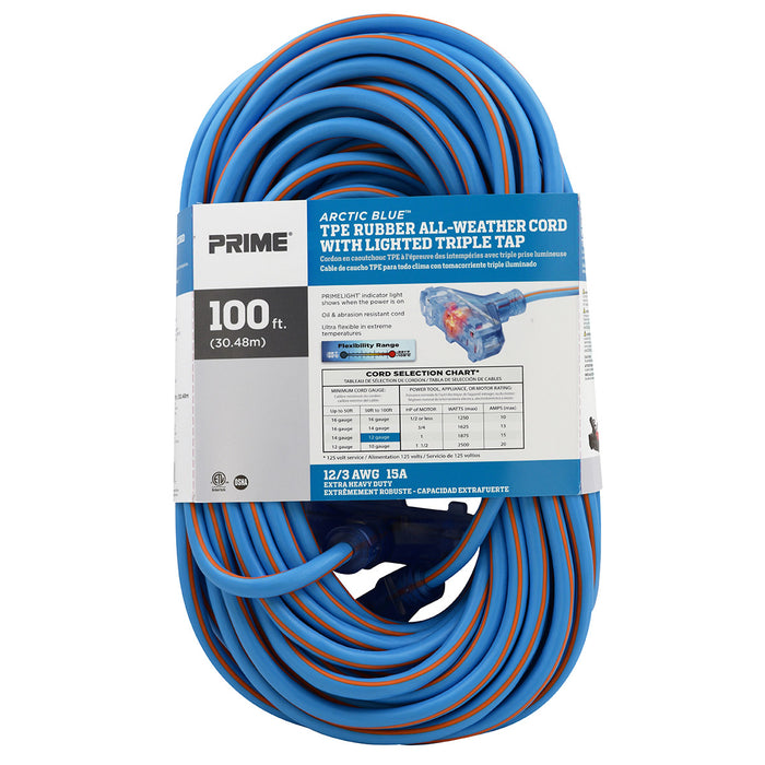 100ft 12/3 SJEOW <br />Arctic Blue™ All-Weather <br />3-Outlet Extension Cord