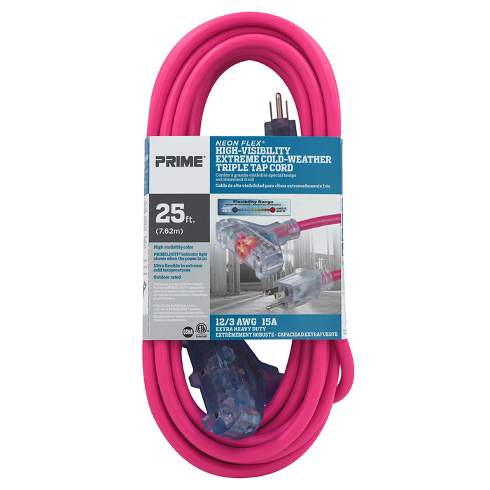 25ft 12/3 SJTW -50°C <br />Neon Flex® High Visibility <br />3-Outlet Extension Cord