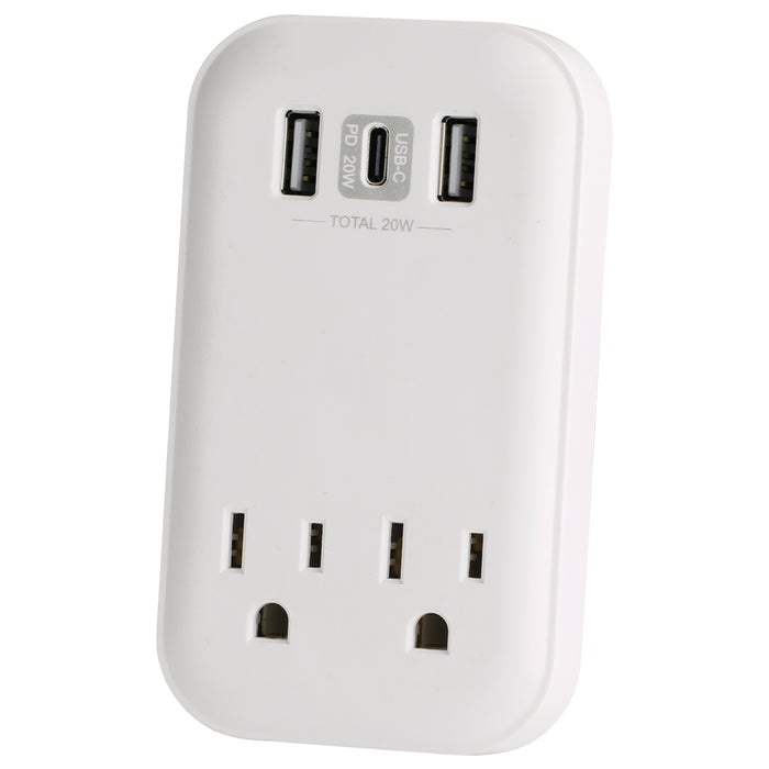 2 Outlet 900 Joule Surge Protector w/ <BR> 1-USB-C 20W PD & 2-USB-A 2.4A Charging ports