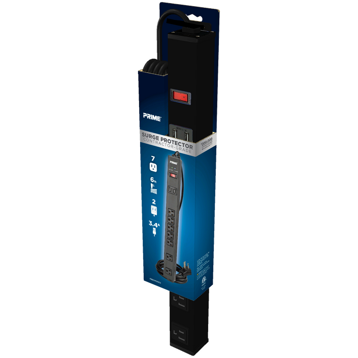 7-Outlet 1500 Joule Black Metal Surge Protector w/6ft Cord