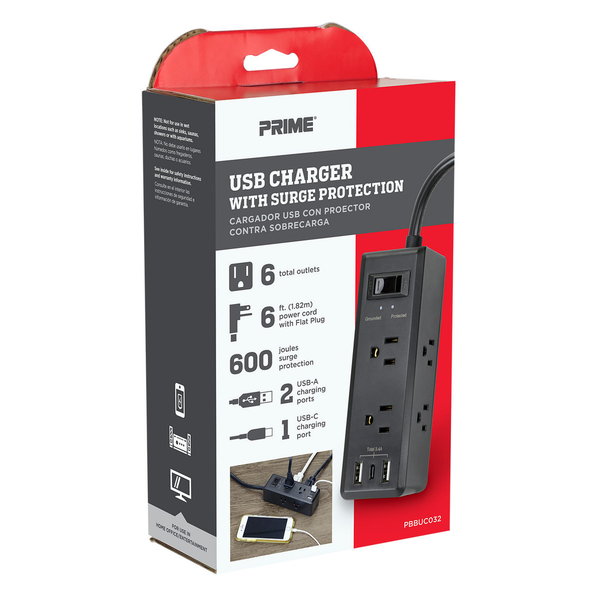 6-Outlet 600 Joule Surge Protector w/3-Port USB Charger (Black) — Prime ...