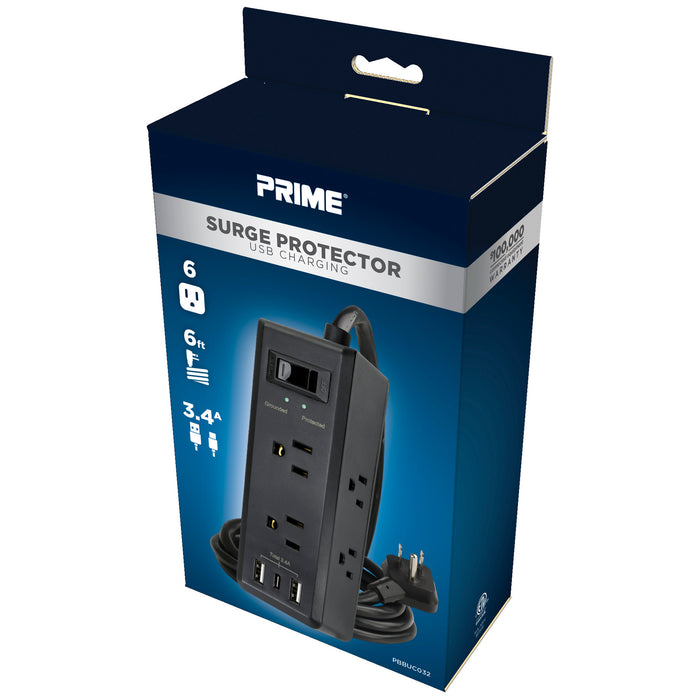 6-Outlet <br>600 Joule Surge Protector<br>w/ 3-Port USB Charger (Black)