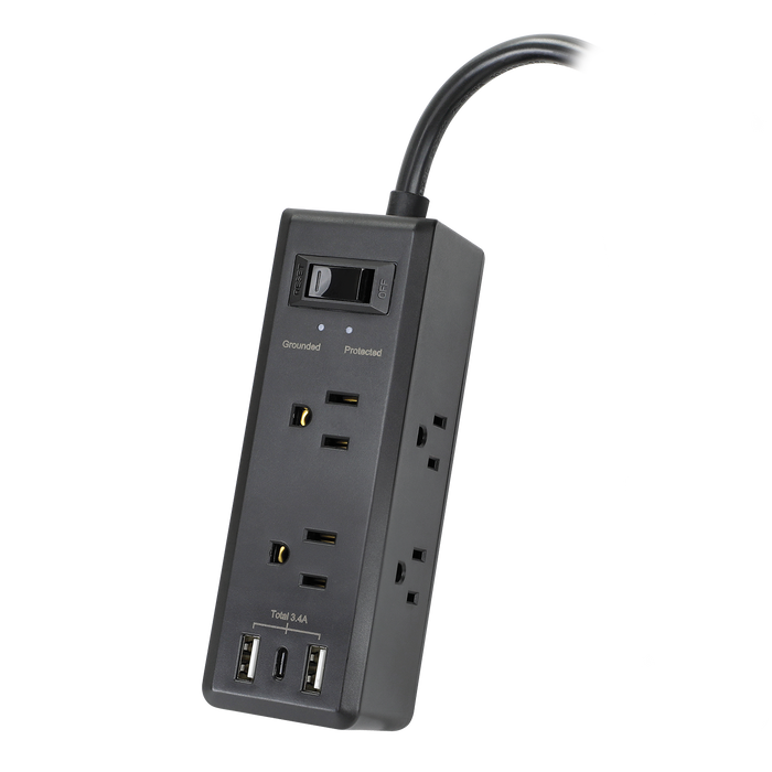 6-Outlet <br>600 Joule Surge Protector<br>w/3-Port USB Charger (Black)