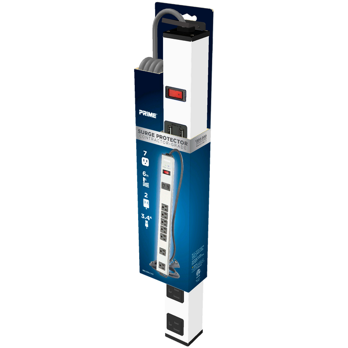 7-Outlet 1500 Joule Silver Metal Surge Protector w/6ft Cord
