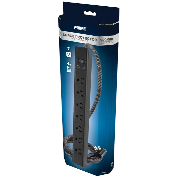 7-Outlet 1500 Joule <br />Surge Protector w/ USB Charging and 4ft Cord