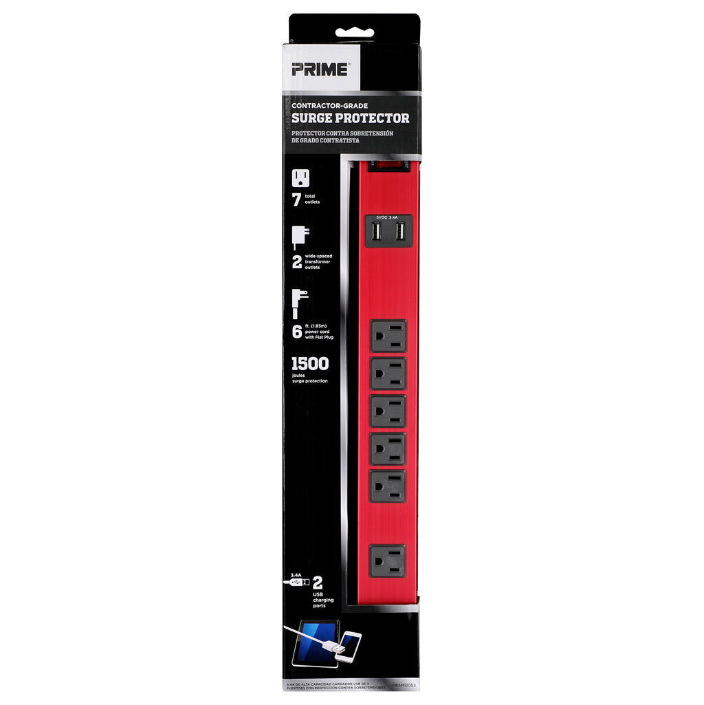 7-Outlet 1500 Joule Red Metal Surge Protector w/6ft Cord