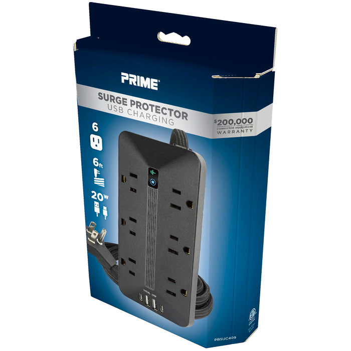 6-Outlet 2500 Joule <br />Surge Protector w/ USB Charhging and 6ft Cord