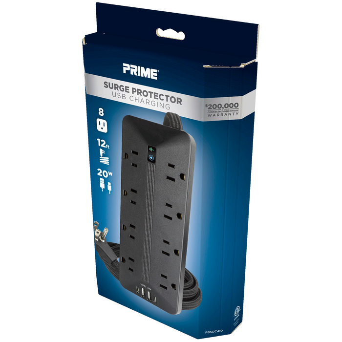8-Outlet 3500 Joule <br />Surge Protector w/ USB Charhging and 12ft Cord
