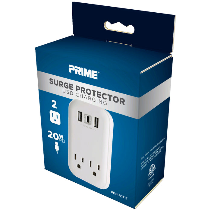 2 Outlet 900 Joule Surge Protector w/ <BR> 1-USB-C 20W PD & 2-USB-A 2.4A Charging ports