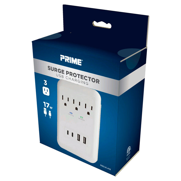 3 Outlet 980 Joule Surge Protector with <BR> 2 USB-C & 2 USB-A 17W Charging Ports <br>and Phone Shelf