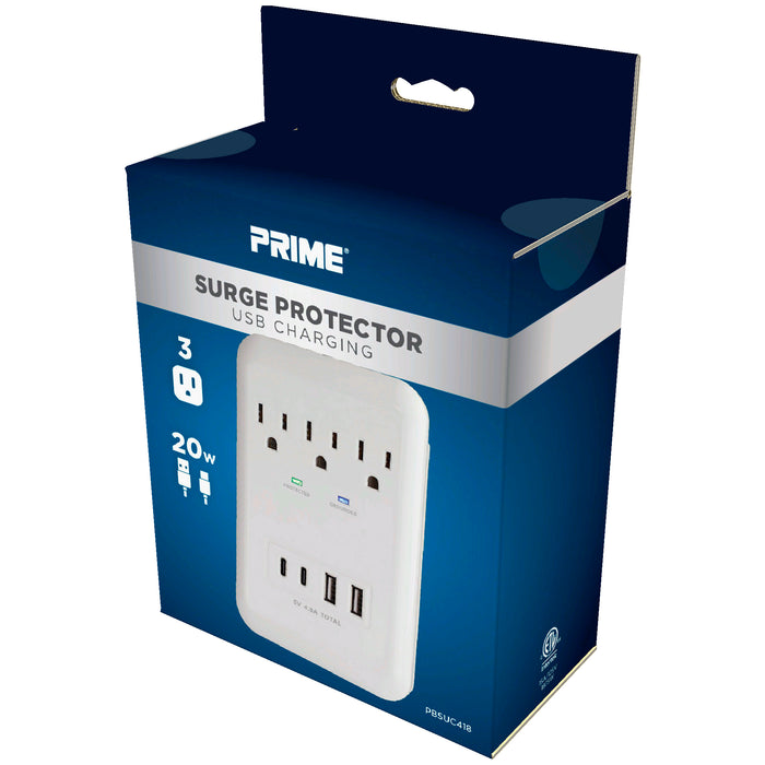 3 Outlet 980 Joule Surge Protector w/ <BR> 2-USB-C & 2-USB-A 17W Charging ports <br>w/ Phone Shelf