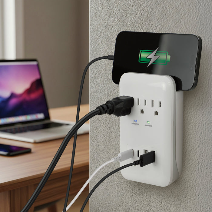 3 Outlet 980 Joule Surge Protector w/ <BR> 2-USB-C & 2-USB-A 17W Charging ports <br>w/ Phone Shelf