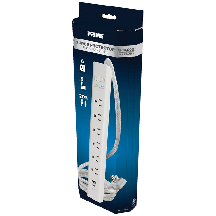 6-Outlet 1500 Joule <br />Surge Protector w/ USB Charging and 4ft Cord