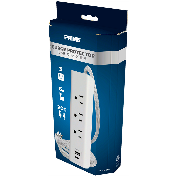 3-Outlet 300 Joule <br />Surge Protector w/ 20W PD USB Charging and 6ft Cord