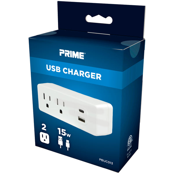 2 Outlet 1-Port USB-A & 1-Port USB-C 3.1A USB Charger