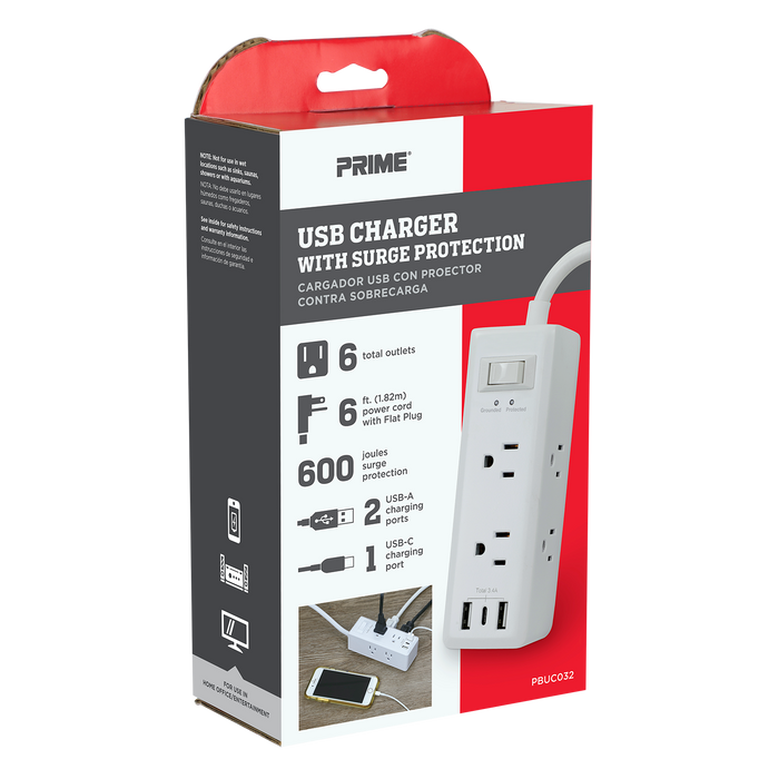 6-Outlet <br>600 Joule Surge Protector<br>w/3-Port USB Charger (White)