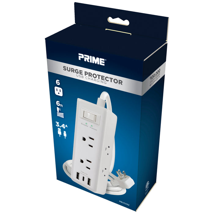 6-Outlet <br>600 Joule Surge Protector<br>w/3-Port USB Charger (White)