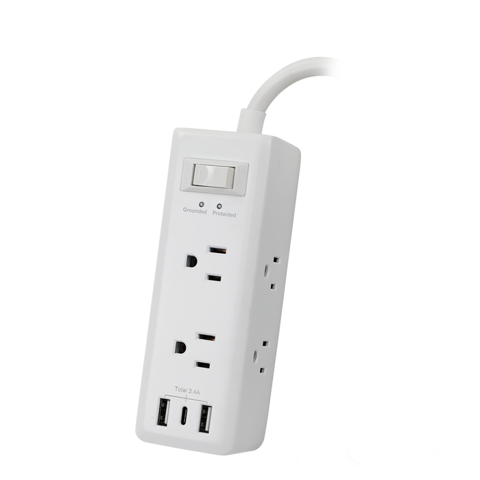 6-Outlet <br>600 Joule Surge Protector<br>w/3-Port USB Charger (White)