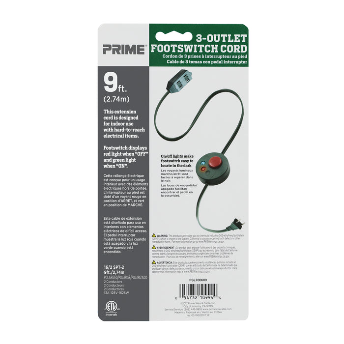 9ft 16/2 SPT-2 Green <br />3-Outlet Extension Cord <br />w/Lighted Footswitch