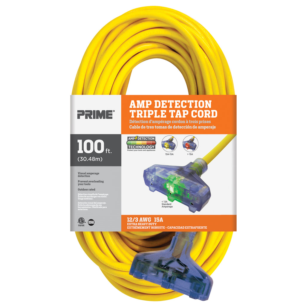 Amp Detection <br/> 100ft 12/3 SJTW <br />3-Outlet Cord <br/> with Visual Amperage Detection