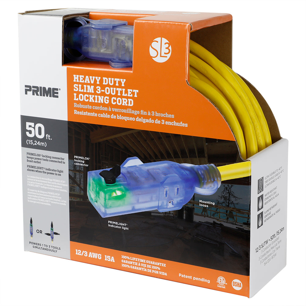 50ft 12/3 SJTW SL3 <br />Slim 3-Outlet Locking Extension Cord