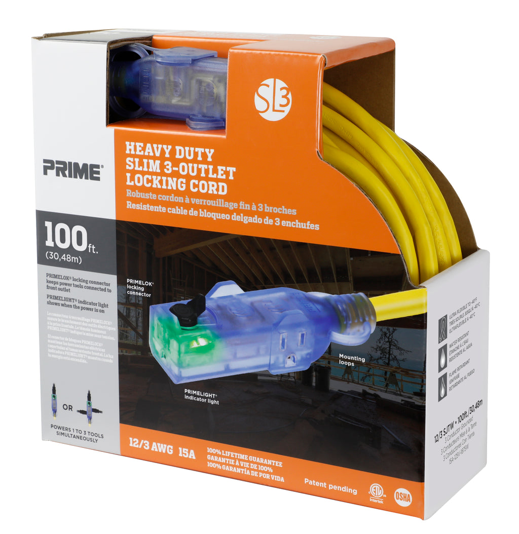 100ft 12/3 SJTW SL3 <br />Slim 3-Outlet Locking Extension Cord