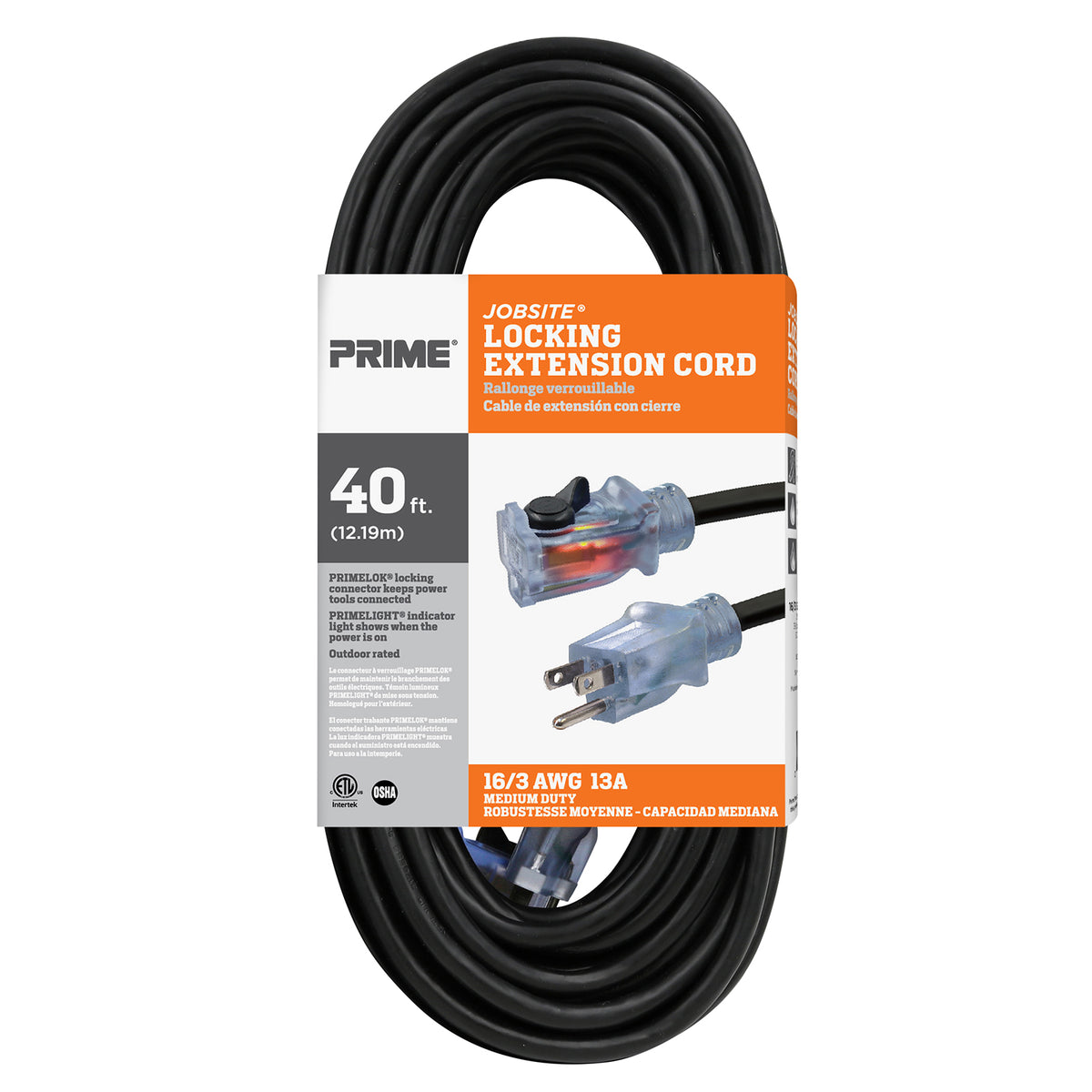 40ft 16/3 SJTW Jobsite® Outdoor Extension Cord w/Locking & Lighted —  Prime Wire & Cable Inc.