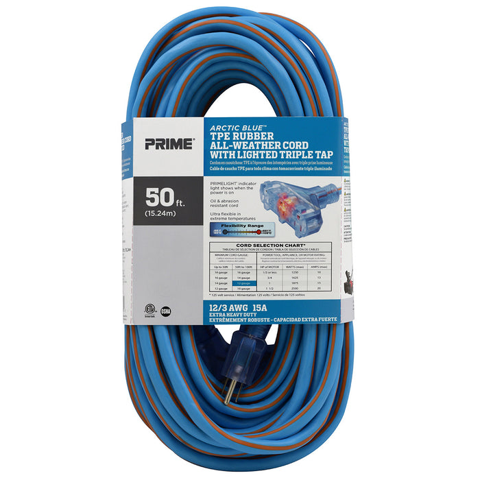 50ft 12/3 SJEOW Arctic Blue™ All-Weather 3-Outlet Extension Cord