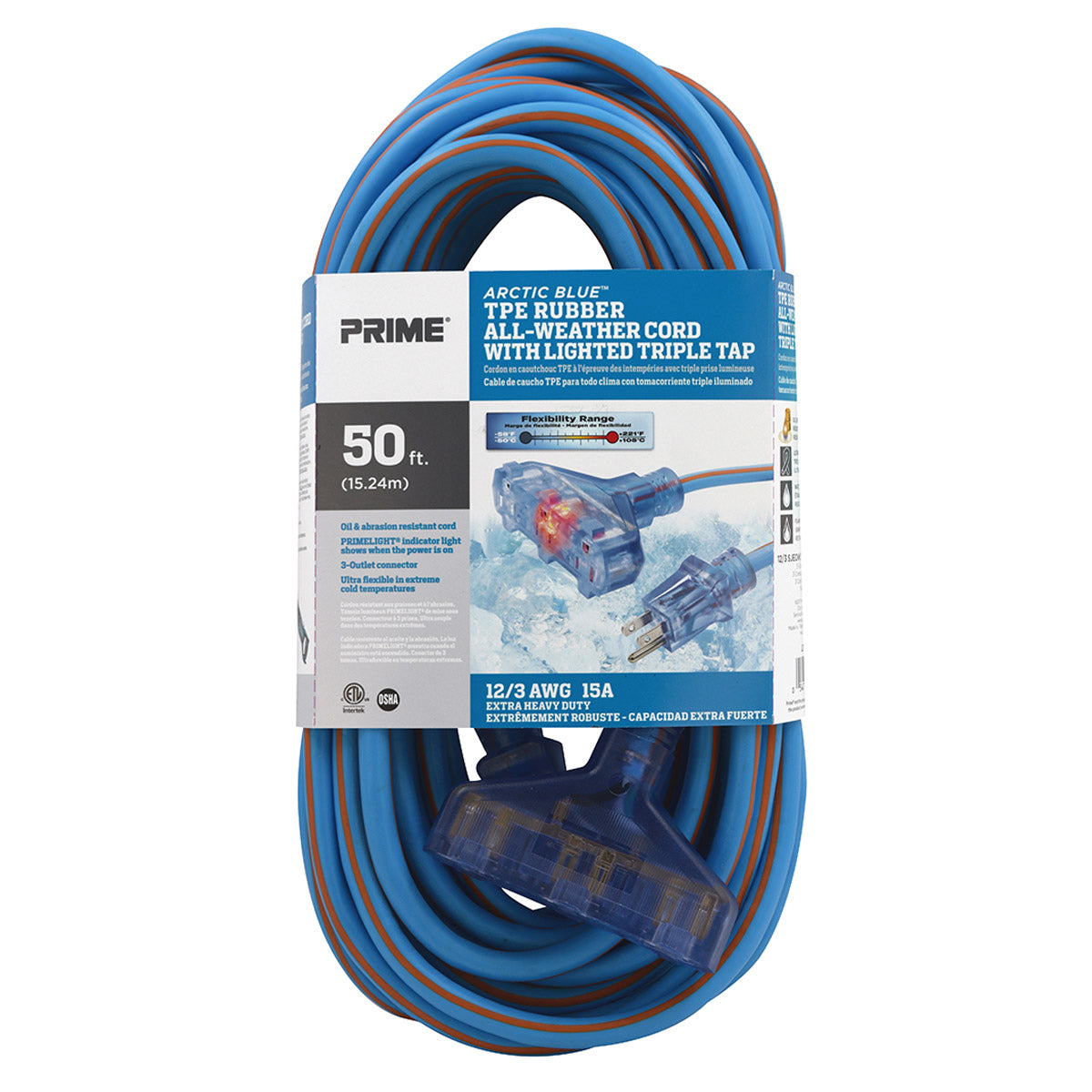 50ft 12/3 SJEOW Arctic Blue™ All-Weather 3-Outlet Extension Cord