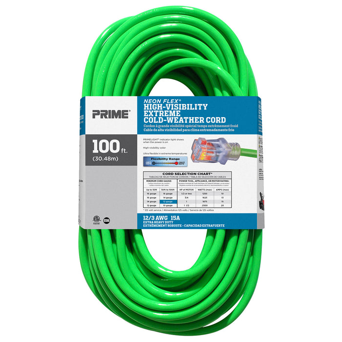 100ft 12/3 SJTW -50&deg;C <br />Neon Flex® High Visibility <br /> Outdoor Extension Cord
