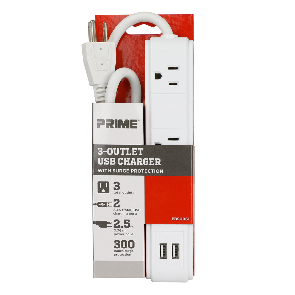 3 Outlet<br />300 Joule Surge Tap <br />w/2-Port 2.4A USB Charger