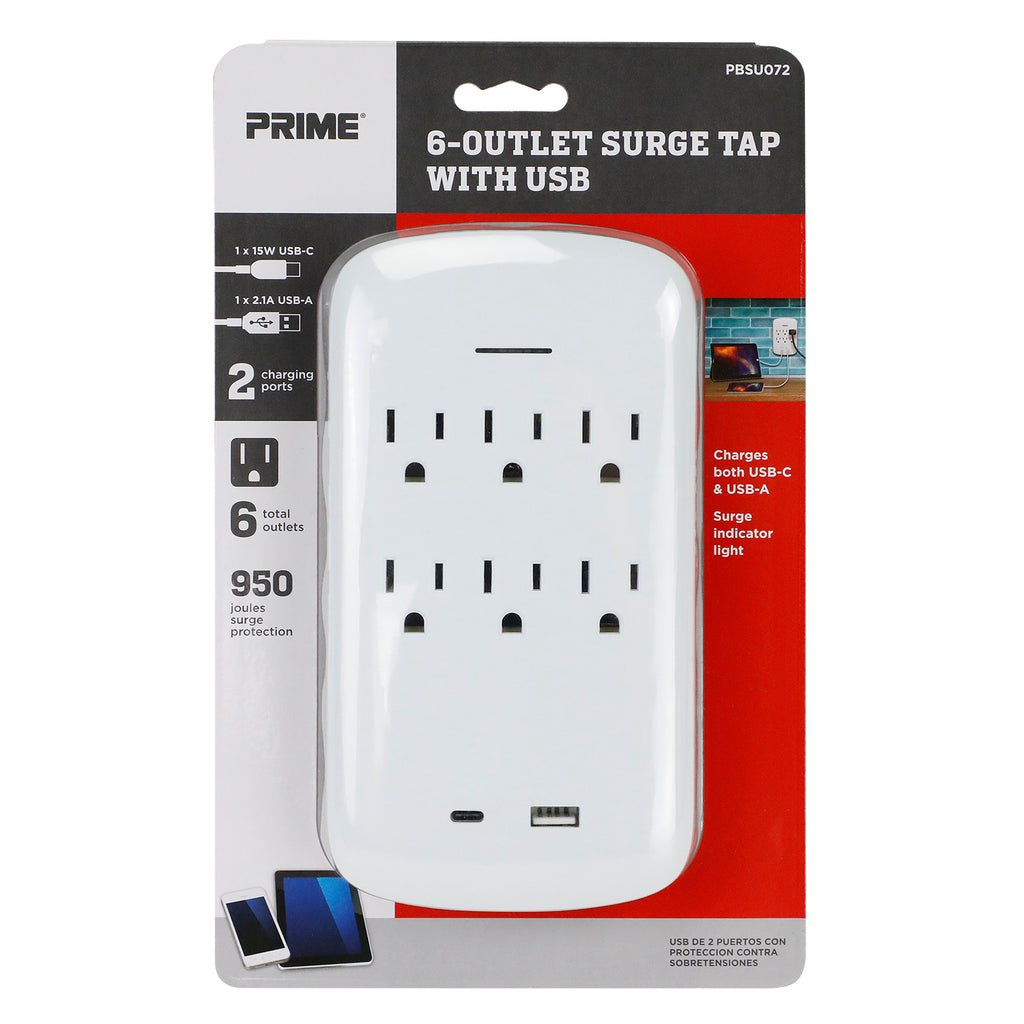 6-Outlet 950 Joule Surge Tap <Br /> w/1-Port 2.1A USB-A & 1-Port 15w USB-C Charger