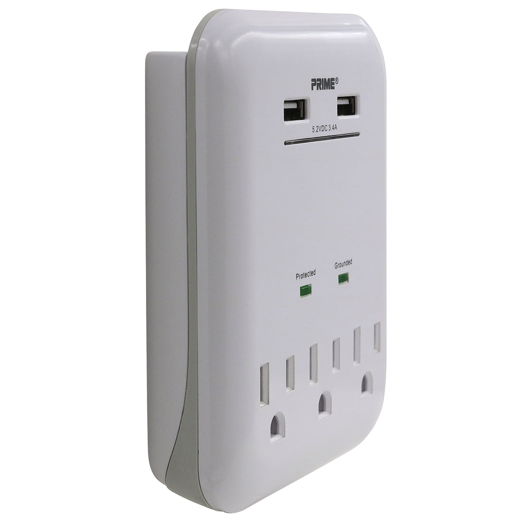 3 Outlet 950 Joule Surge Tap <br />with 2-Port 3.4A USB Charger