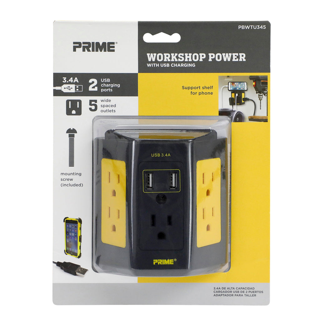 5-Outlet Workshop Tap <br />w/2-Port 3.4A USB Charger