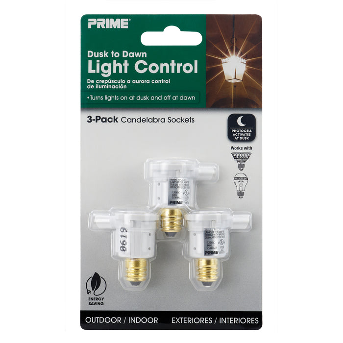 3-pack Candelabra base light socket control adapters w/ photocell