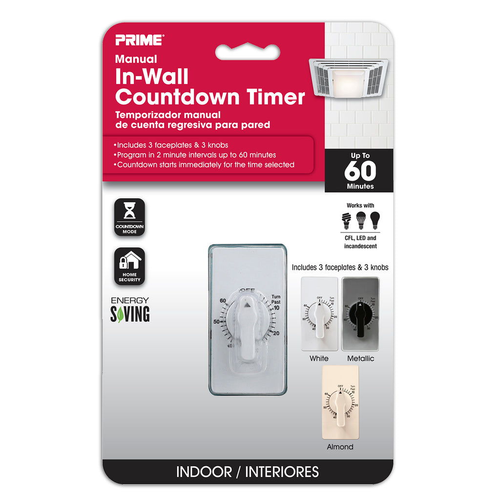 In-Wall 60 Minute Spring Wound Countdown Timer<br>w/ 3 Faceplates