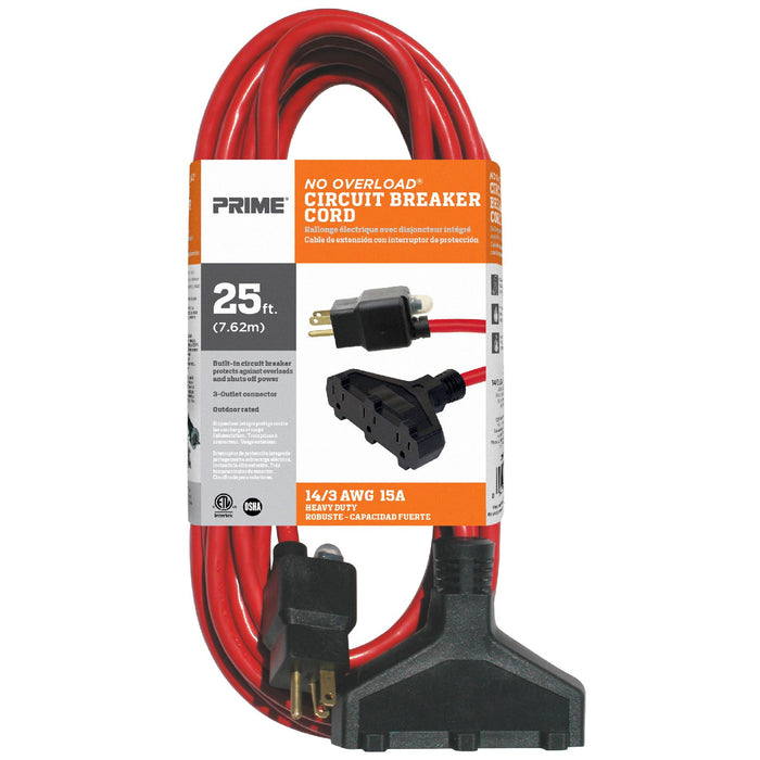 25ft 14/3 SJTW 3-Outlet Outdoor Extension Cord w/Circuit Breaker