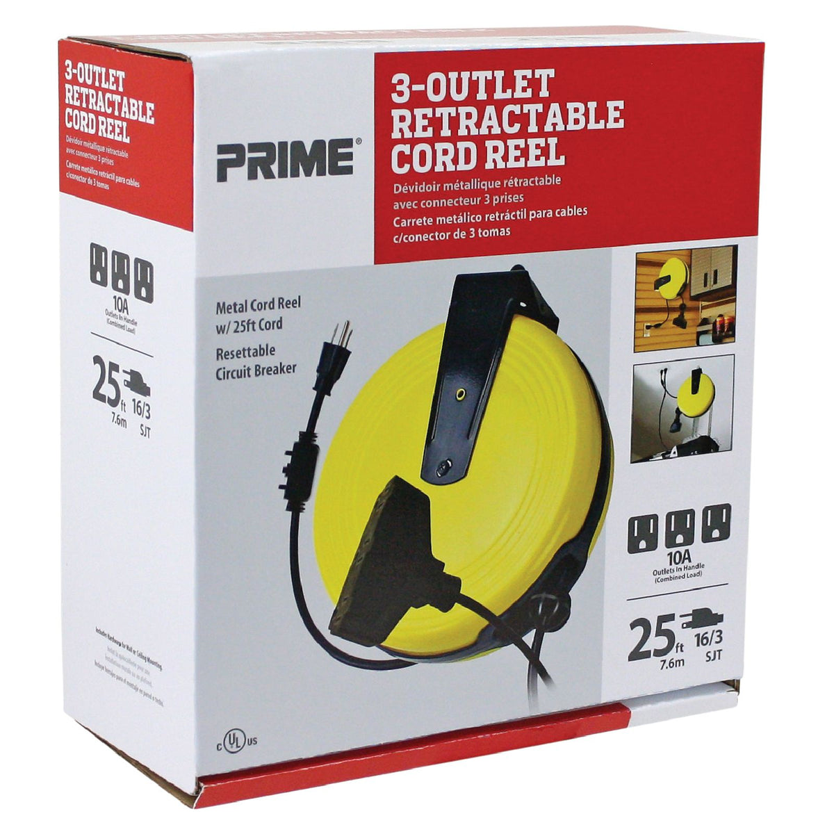 25ft 3-Outlet Retractable Metal Cord Reel — Prime Wire & Cable Inc.