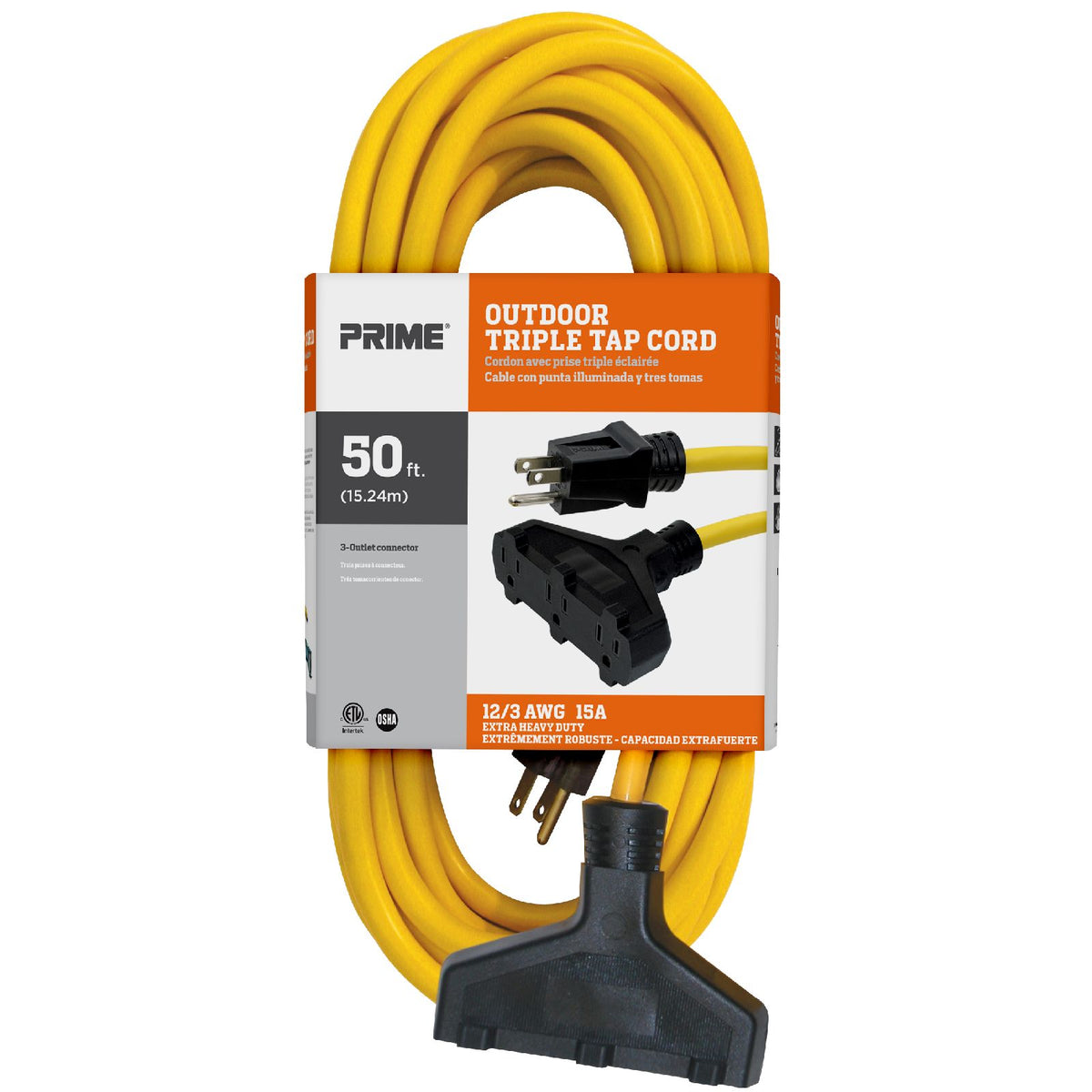 50ft 12/3 SJTW 3-Outlet Outdoor Extension Cord — Prime Wire