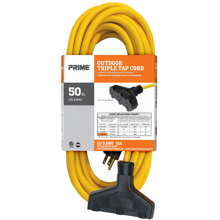 50ft 12/3 SJTW 3-Outlet Outdoor Extension Cord — Prime Wire