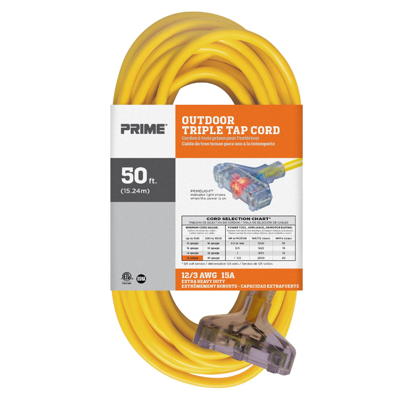 50ft 12/3 SJTW Jobsite® 3Outlet Extension Cord — Prime Wire & Cable Inc.