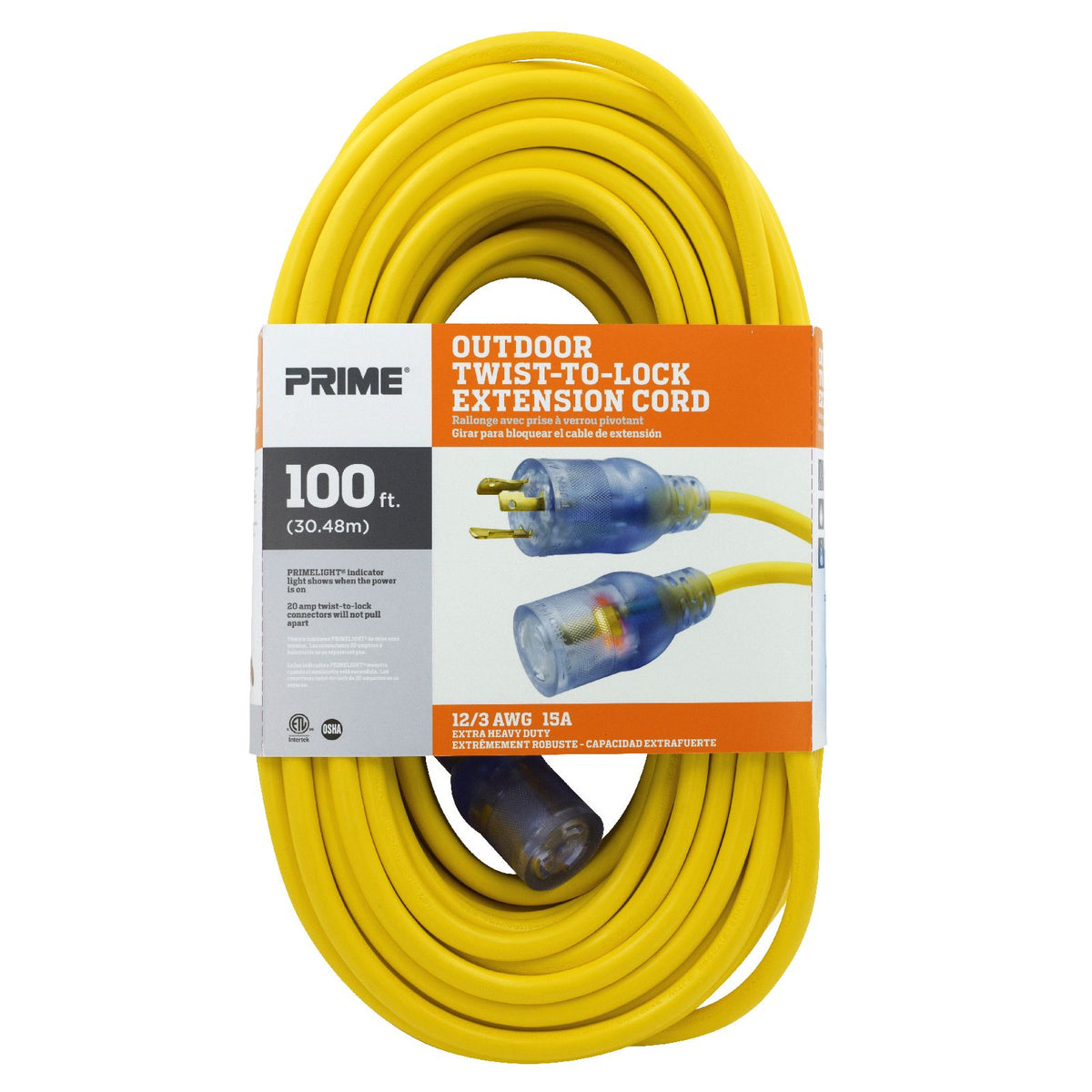SOUTHWIRE, 12/3 SJTW 100' YELLOW OUTDOOR TWIST-TO-LOCK NEMA L5-20P EXTENSION  CORD