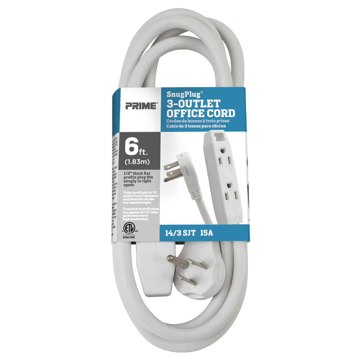 6ft 14/3 SJT SnugPlug® 3-Outlet Office Extension Cord — Prime Wire & Cable  Inc.
