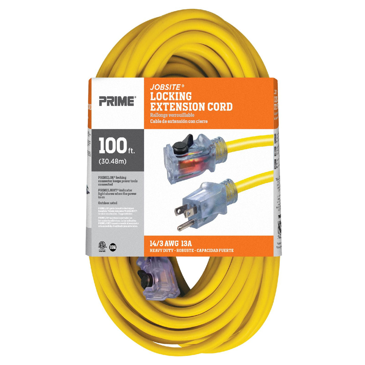 100ft 14/3 SJTW Jobsite® Outdoor Extension Cord w/Locking & Lighte —  Prime Wire & Cable Inc.