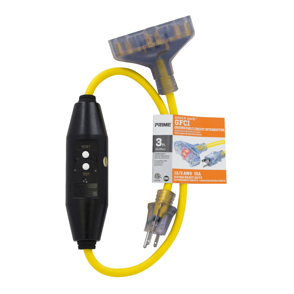 3ft 12/3 SJTW In-Line GFCI Triple-Tap Adapter — Prime Wire & Cable