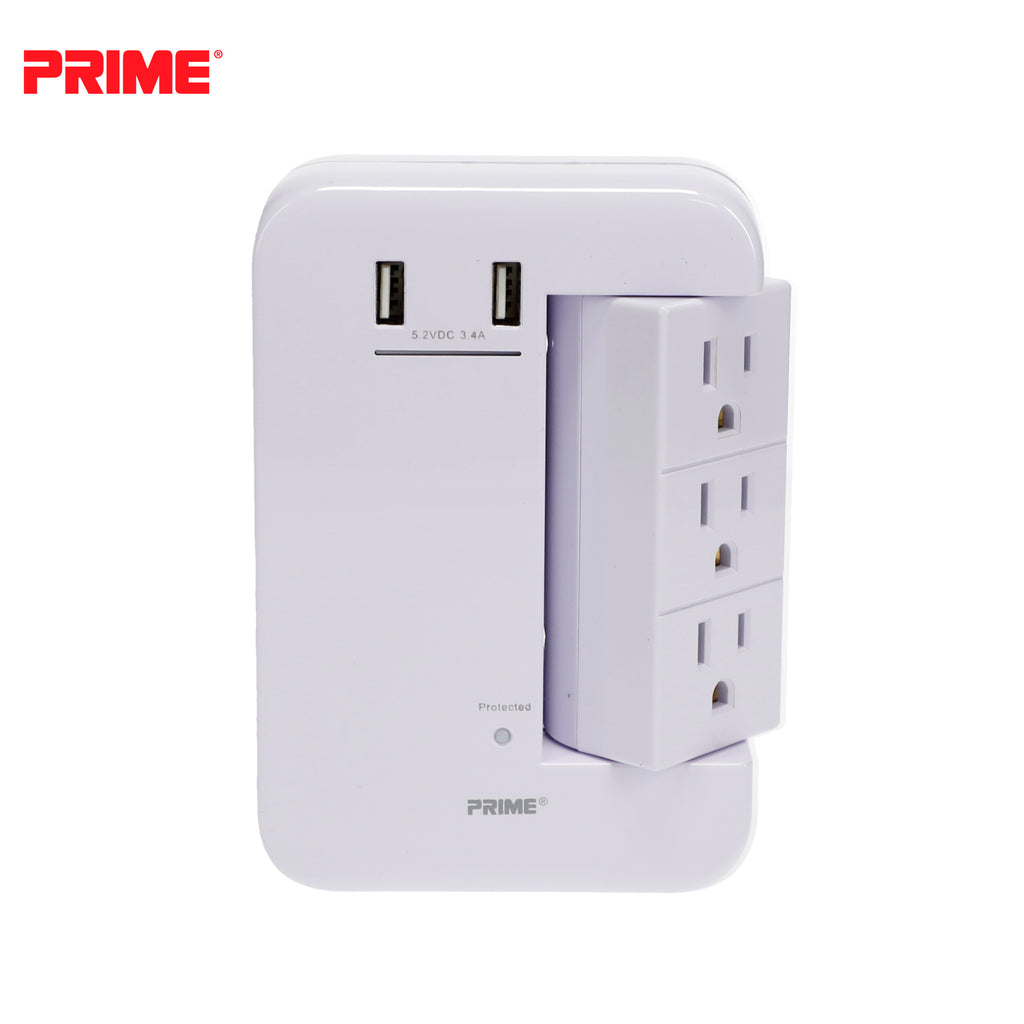 6-Outlet (3-Fixed Rotating) <br />1200 Joule Surge Tap <br />w/2-Port 3.4A USB Charger