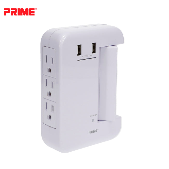6-Outlet (3-Fixed Rotating) <br />1200 Joule Surge Tap <br />w/2-Port 3.4A USB Charger