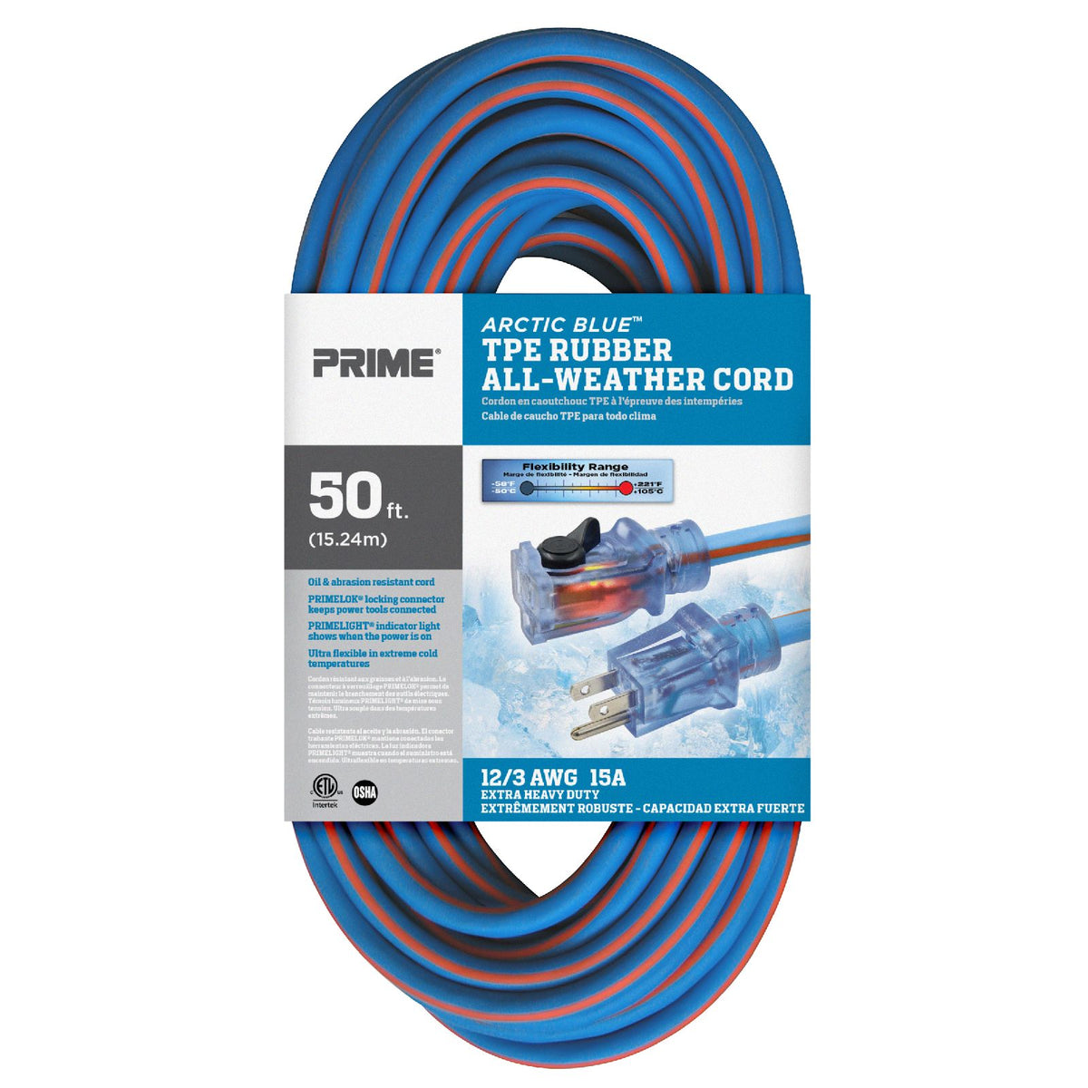 50ft 12/3 SJEOW Arctic Blue™ All-Weather Locking Extension Cord 