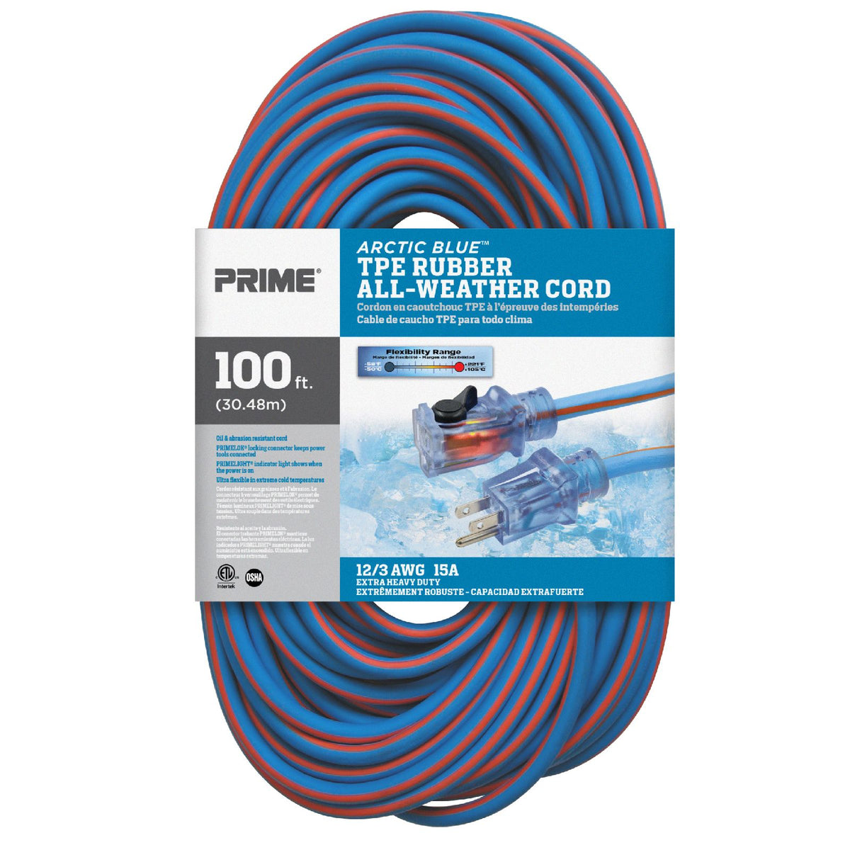 100ft 12/3 SJEOW Arctic Blue™ All-Weather Locking Extension Cord
