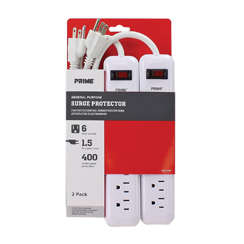 2PK 6-Outlet 400 Joule Surge Protector w/1.5ft Cord — Prime Wire & Cable  Inc.